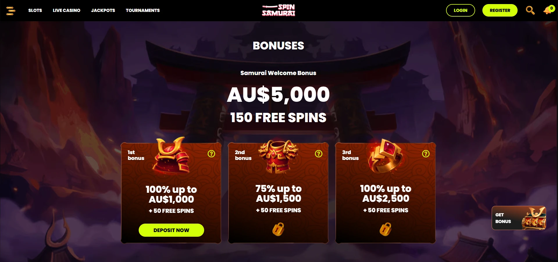 Spin Samurai bonus page showing the welcome pack stages