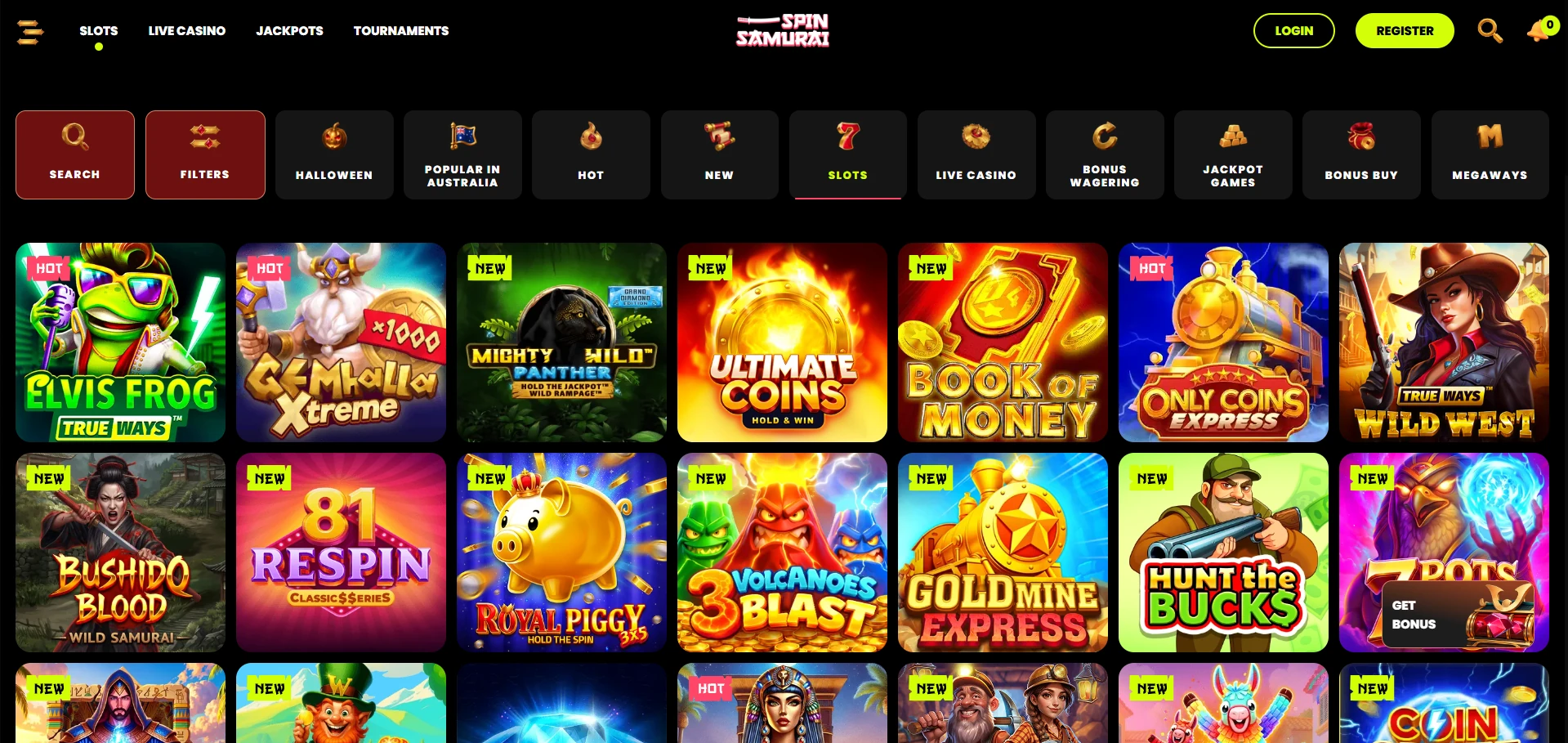 Spin Samurai game lobby with game icons