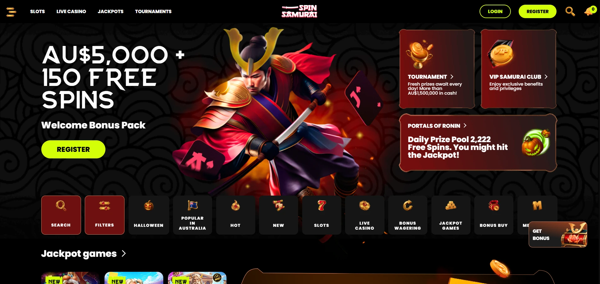 Spin Samurai casino front page captured just before Lucy opened her account